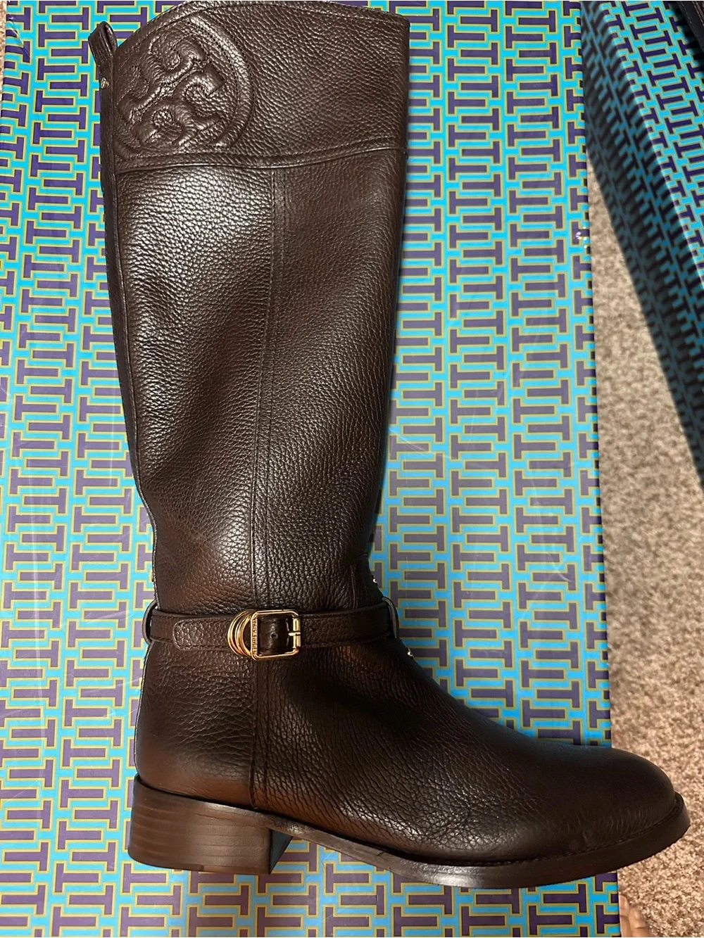 Tory Burch Dark Brown Pebbled Leather Over-the-Knee Boot with Gold Buckle
